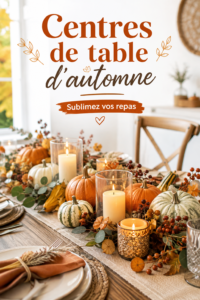 Un beau centre de table d'automne décoré avec des citrouilles et des feuilles colorées.