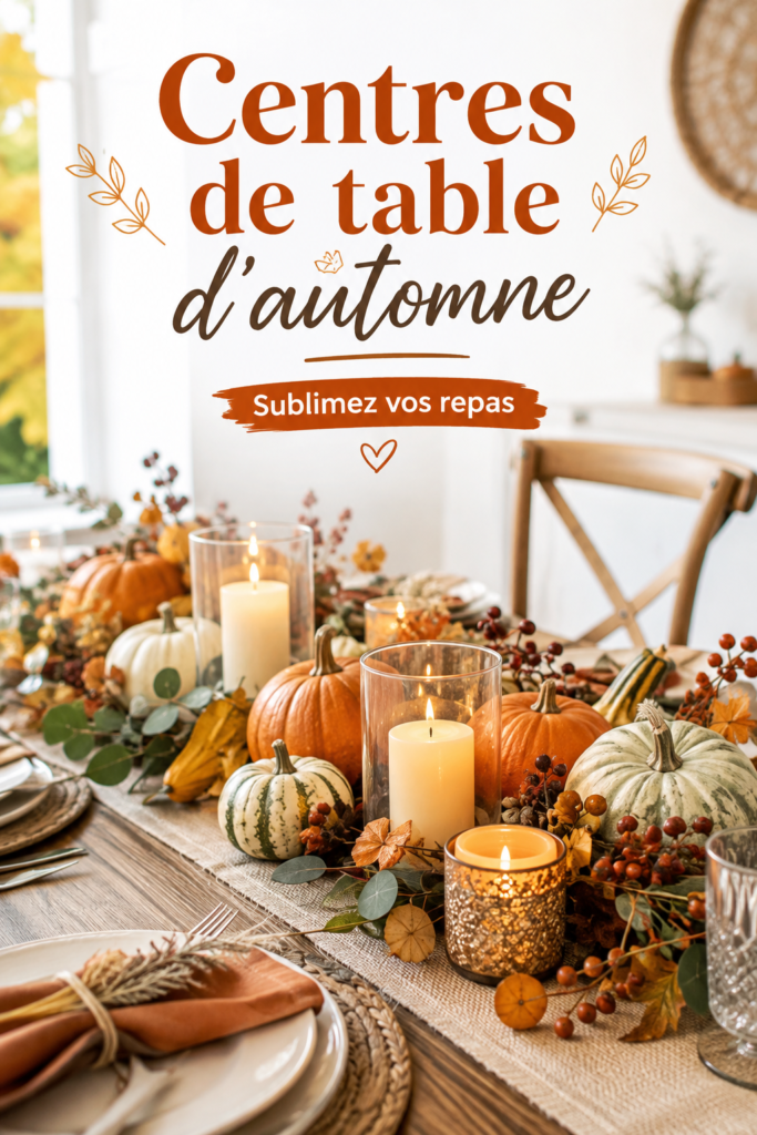 Un beau centre de table d'automne décoré avec des citrouilles et des feuilles colorées.