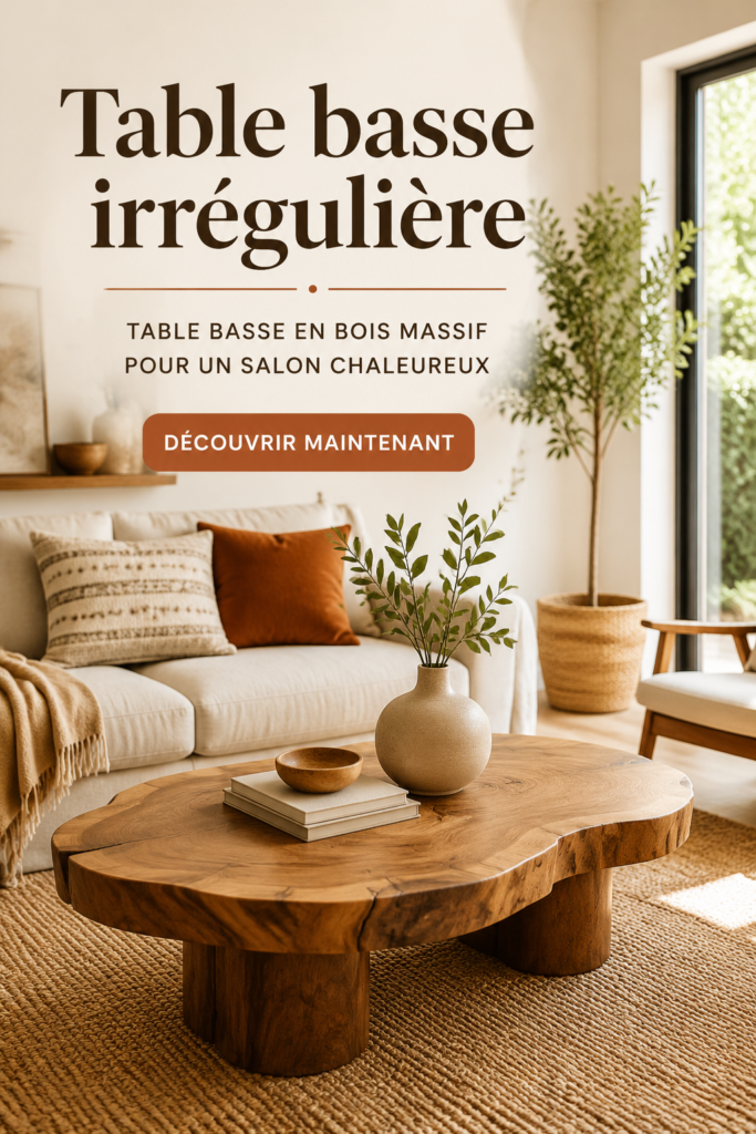 Table basse en bois rustique au centre d'un salon chaleureux