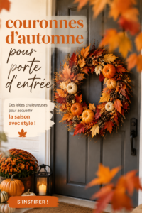 Couronne d'automne avec des feuilles et des fleurs naturelles accrochée à une porte