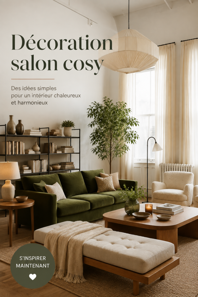 Salon cosy avec des couleurs chaudes et des accessoires confortables.