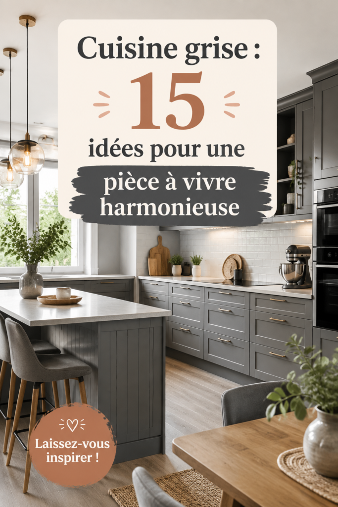 Cuisine grise moderne avec des accessoires chaleureux et élégants.