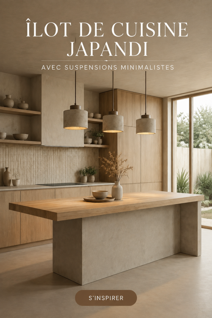 Cuisine moderne avec un îlot Japandi et des suspensions minimalistes
