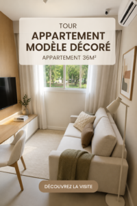 Un salon moderne et chaleureux dans un appartement de 36 m² avec des meubles pratiques et une décoration stylée.