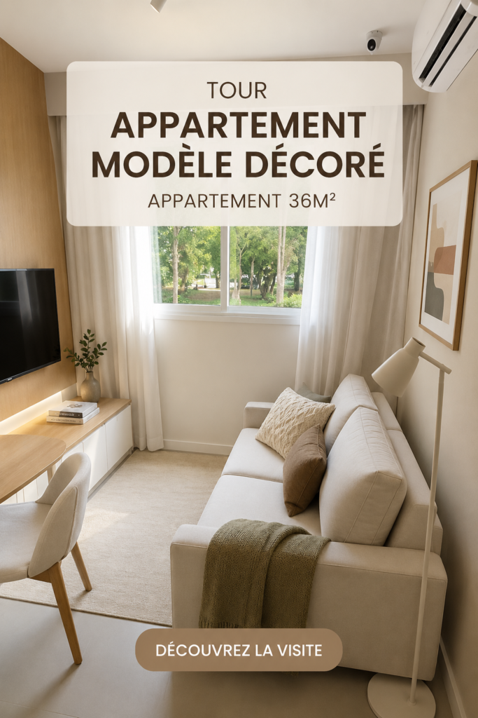 Un salon moderne et chaleureux dans un appartement de 36 m² avec des meubles pratiques et une décoration stylée.