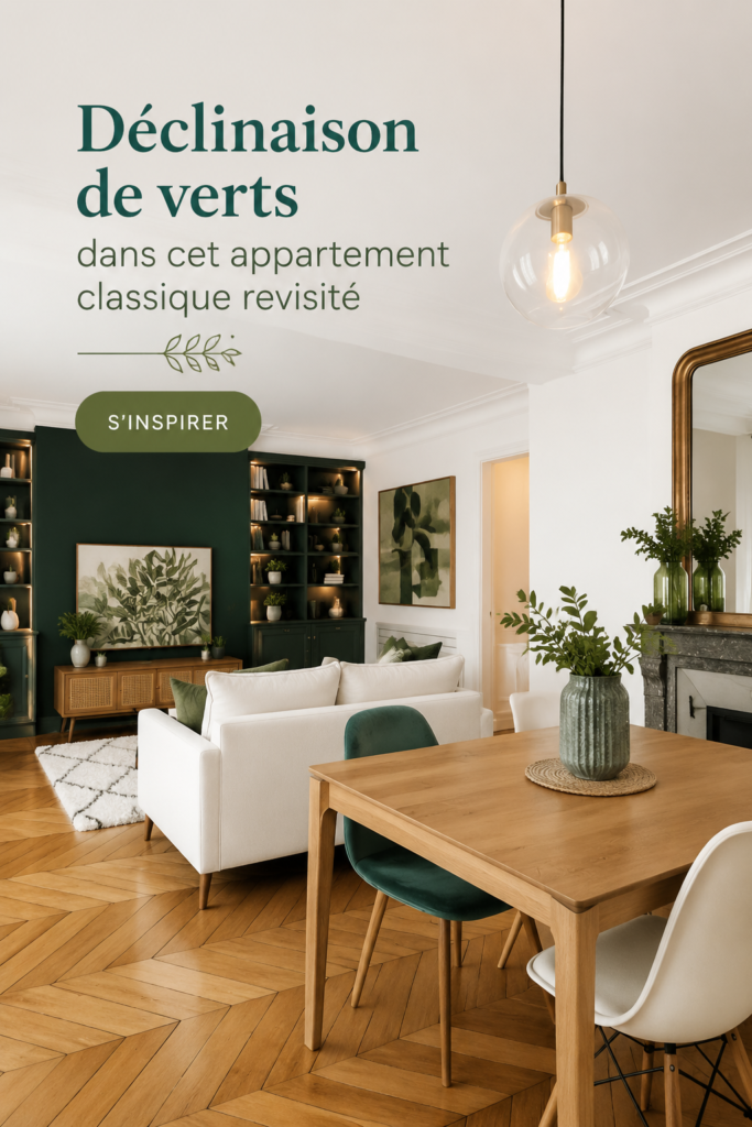 Salon contemporain avec des nuances de vert dans une décoration classique.