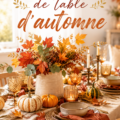 Table décorée avec des éléments automnaux, mettant en avant des couleurs chaudes et naturelles.