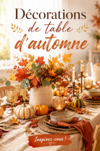 Table décorée avec des éléments automnaux, mettant en avant des couleurs chaudes et naturelles.