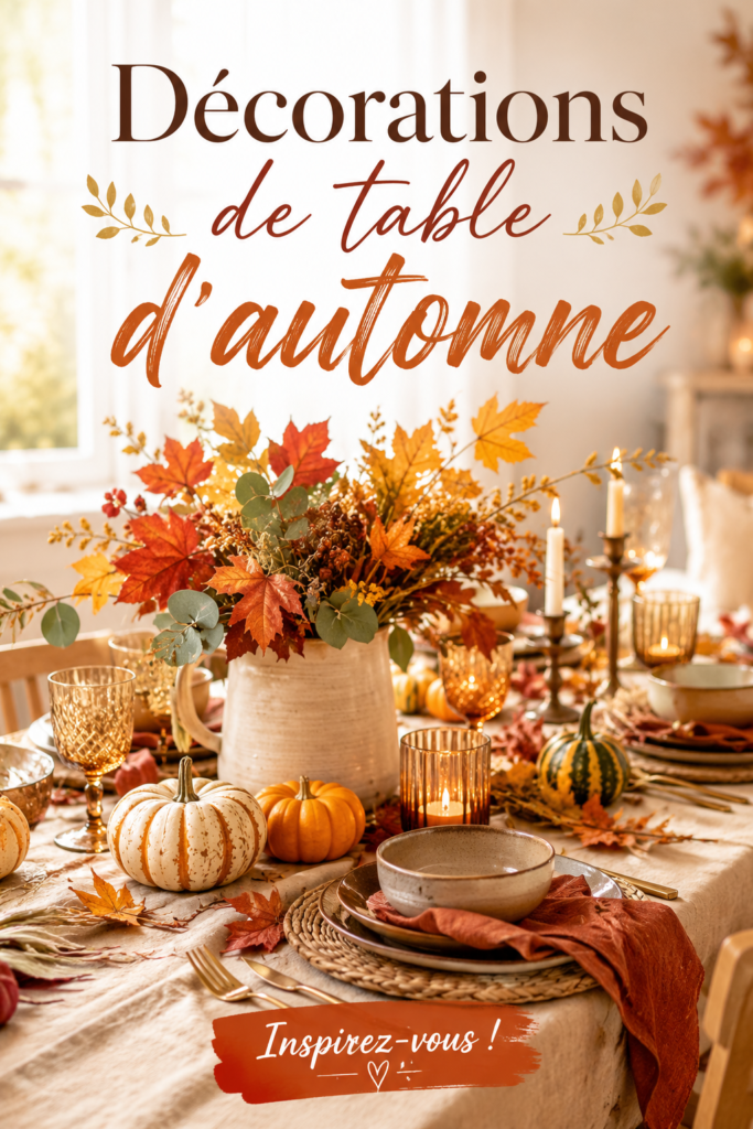 Table décorée avec des éléments automnaux, mettant en avant des couleurs chaudes et naturelles.