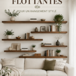 Étagères flottantes en bois décorées dans un salon moderne