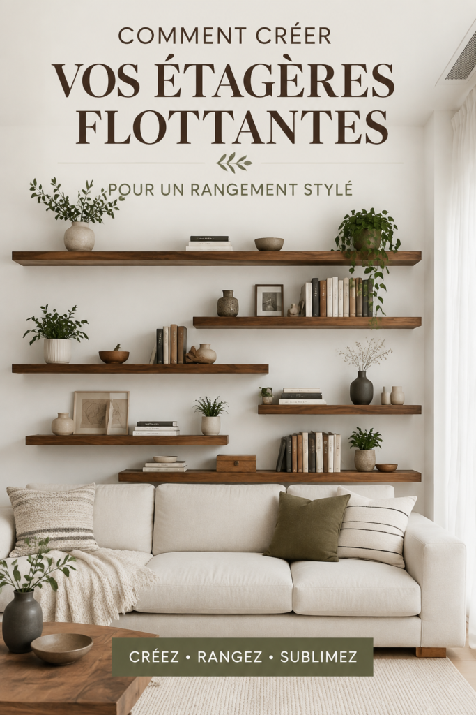 Étagères flottantes en bois décorées dans un salon moderne