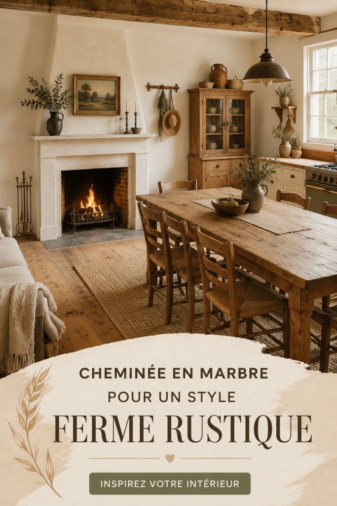Foyer en marbre dans un salon au style farmhouse chaleureuse