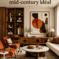 Un salon mid-century moderne avec des meubles en bois et des couleurs chaleureuses.
