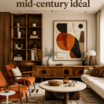 Un salon mid-century moderne avec des meubles en bois et des couleurs chaleureuses.