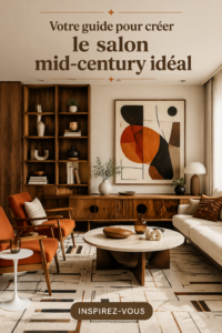 Un salon mid-century moderne avec des meubles en bois et des couleurs chaleureuses.
