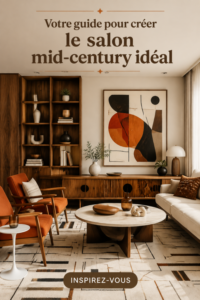 Un salon mid-century moderne avec des meubles en bois et des couleurs chaleureuses.