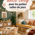 Salle de jeux cosy avec des coussins et des jouets bien rangés.