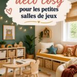 Salle de jeux cosy avec des coussins et des jouets bien rangés.