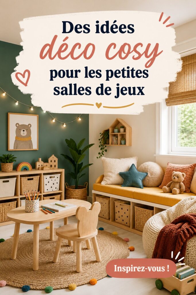 Salle de jeux cosy avec des coussins et des jouets bien rangés.