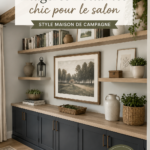 Salon décoré avec des étagères flottantes élégantes et des objets stylés.