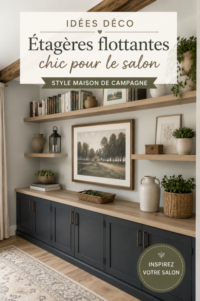 Salon décoré avec des étagères flottantes élégantes et des objets stylés.