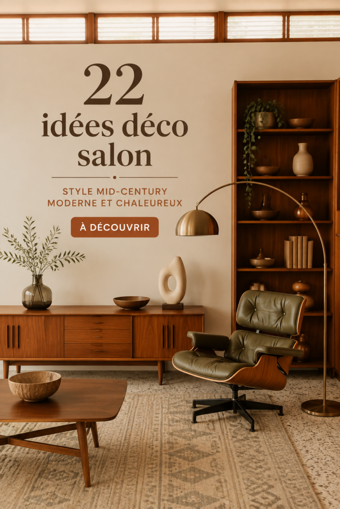 Salon moderne avec mobilier mid-century et décoration chaleureuse.