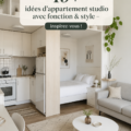 Un studio décoré avec style et fonctionnalité, montrant un espace de vie optimisé.