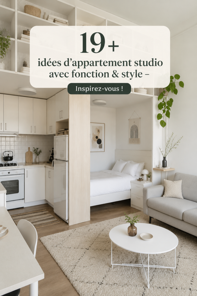Un studio décoré avec style et fonctionnalité, montrant un espace de vie optimisé.