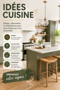 Une cuisine moderne avec des couleurs chaleureuses et des éléments naturels.