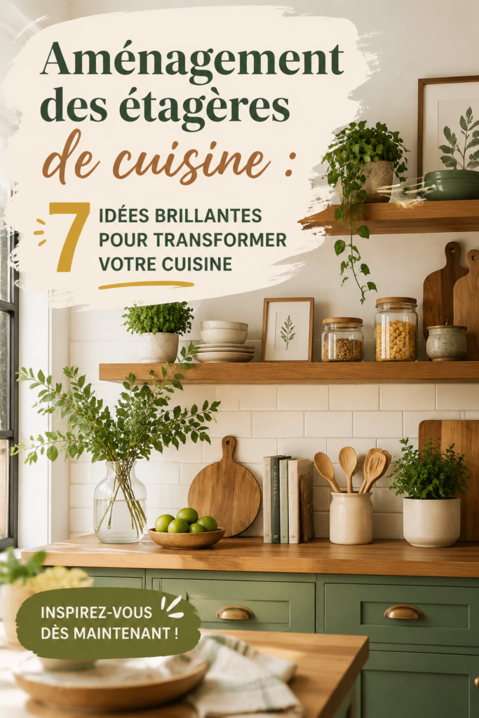 Étagères de cuisine décorées avec des plantes et de la vaisselle colorée.