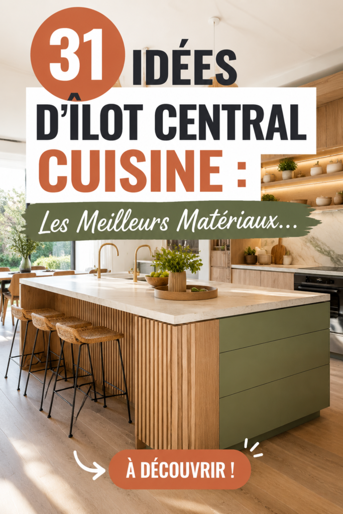 Un îlot central de cuisine moderne en bois clair et métal noir