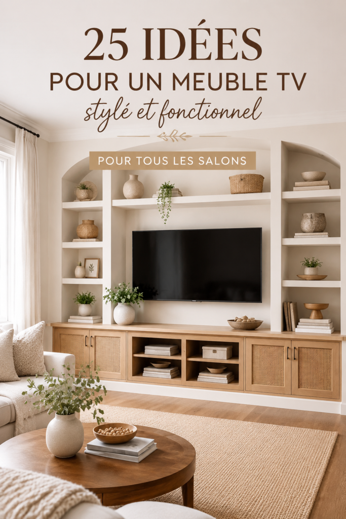 Un salon moderne avec un meuble TV élégant et des accents déco chaleureux
