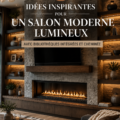 Salon moderne et lumineux avec bibliothèques intégrées et cheminée