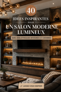 Salon moderne et lumineux avec bibliothèques intégrées et cheminée
