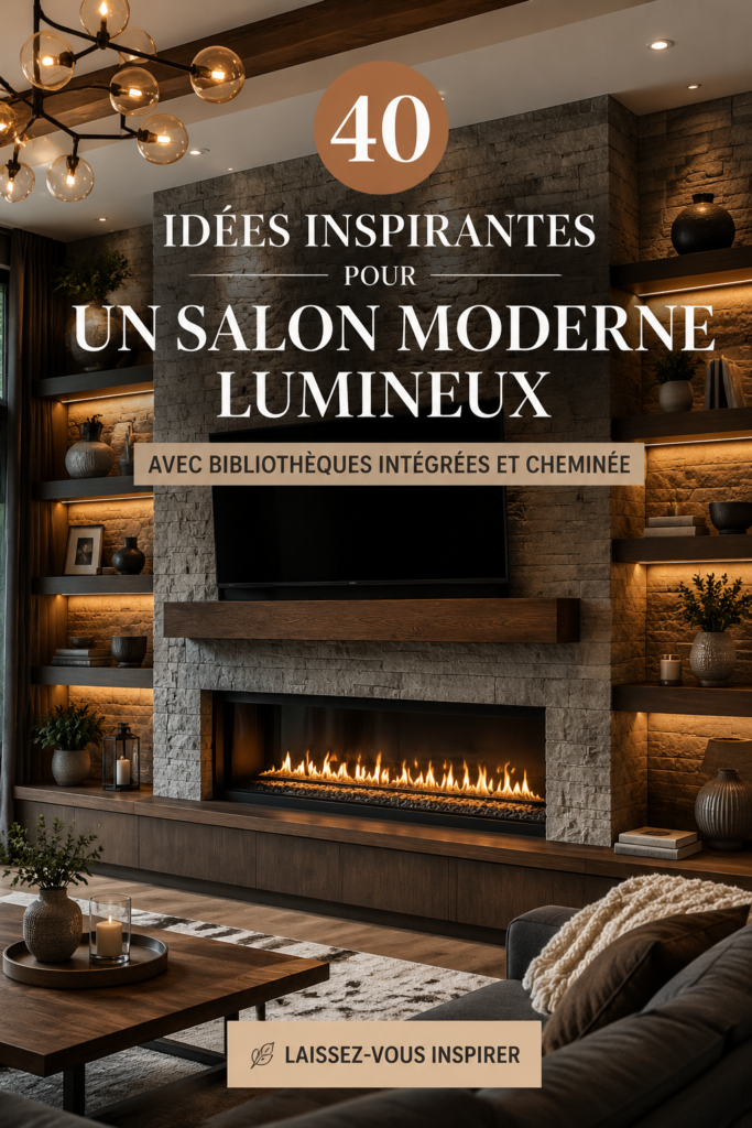 Salon moderne et lumineux avec bibliothèques intégrées et cheminée