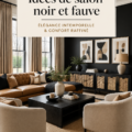 Salon chic avec des accents noir et beige, créant une ambiance chaleureuse.