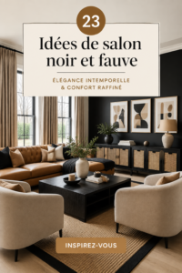 Salon chic avec des accents noir et beige, créant une ambiance chaleureuse.