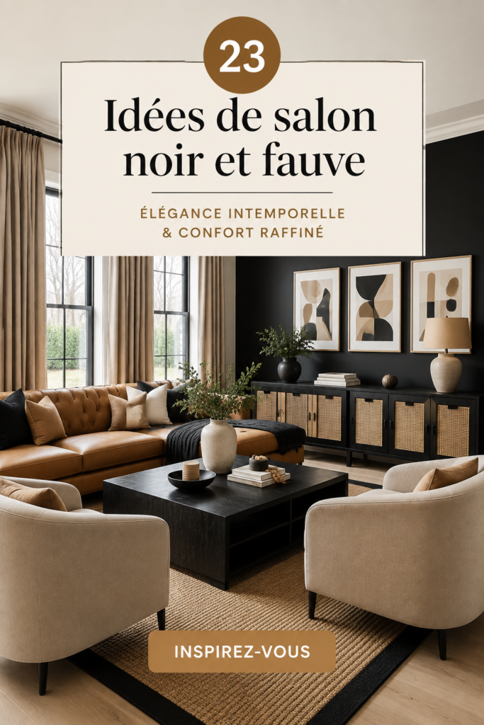 Salon chic avec des accents noir et beige, créant une ambiance chaleureuse.