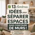 Un intérieur moderne avec séparateurs décoratifs en bois et textiles.