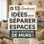 Un intérieur moderne avec séparateurs décoratifs en bois et textiles.