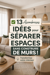 Un intérieur moderne avec séparateurs décoratifs en bois et textiles.