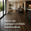 Un salon décoré avec un sol en bois minimaliste et un aménagement moderne.