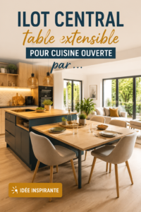 Photo d'un îlot central en bois avec une table extensible dans une cuisine moderne
