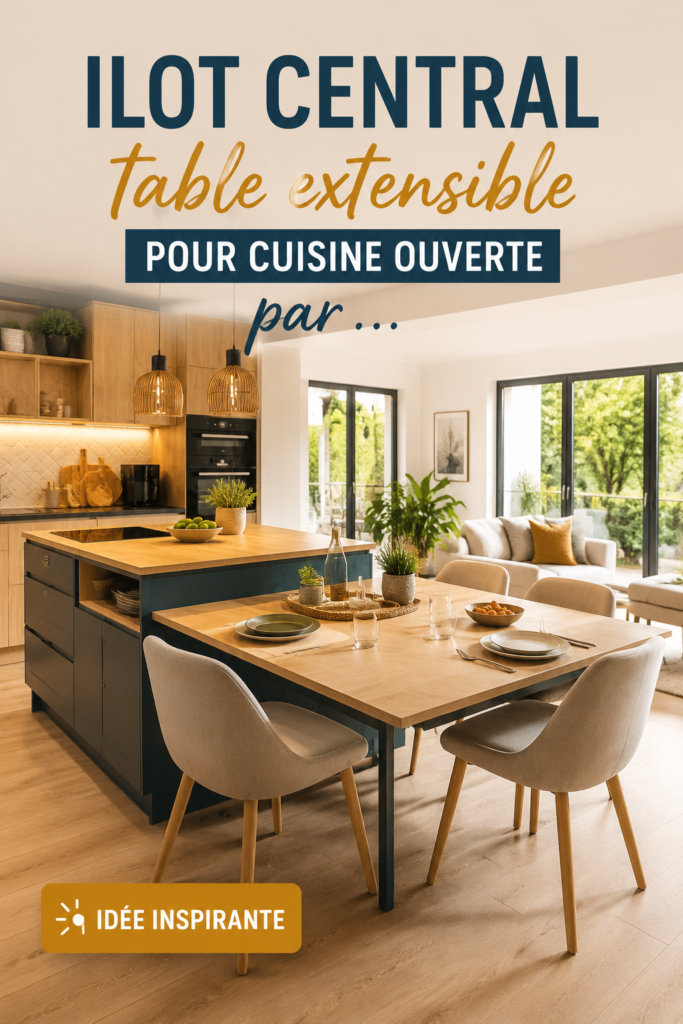 Photo d'un îlot central en bois avec une table extensible dans une cuisine moderne