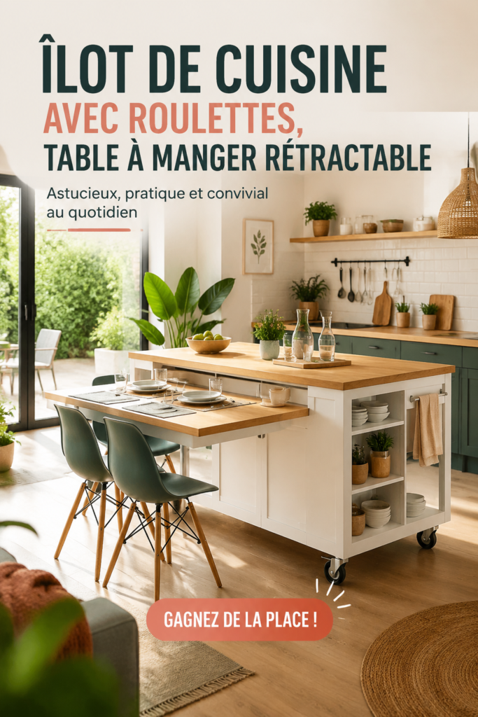 Îlot de cuisine moderne sur roulettes dans une cuisine chaleureuse