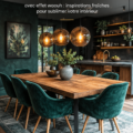 Salle à manger moderne avec une touche élégante, mettant en avant des meubles en bois et des accessoires chaleureux.