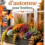 Jardinières d'automne colorées sur une fenêtre décorée