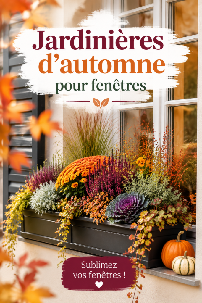 Jardinières d'automne colorées sur une fenêtre décorée