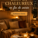 Petit salon cosy avec éclairage doux et textiles chaleureux