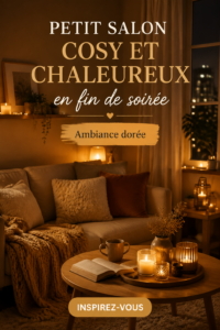 Petit salon cosy avec éclairage doux et textiles chaleureux